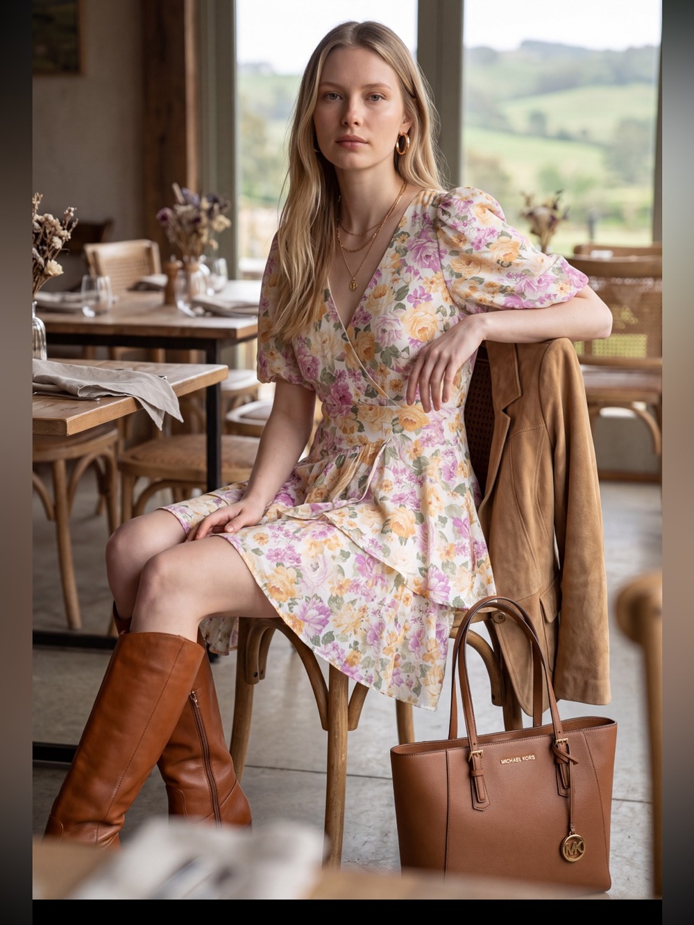 Forever New Pink Cream Floral Wrap Dress with Green Accents